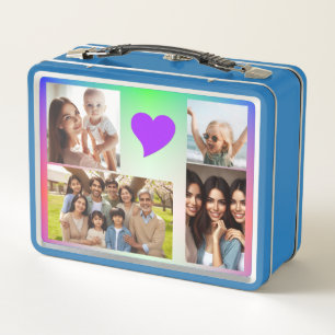 Elegant Custom 10-Photo Pink Purple Hearts Rainbow Metal Lunch Box