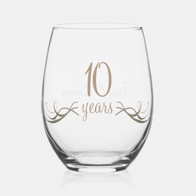 Elegant Custom 10th Anniversary Keepsake Gift Stemless Wine Glass (Front)
