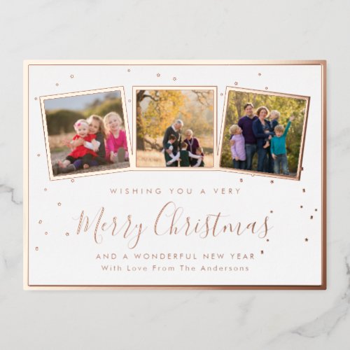 Elegant Custom 3 Photo Collage Merry Christmas Foil Holiday Postcard