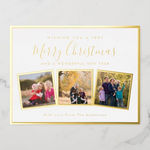 Elegant Custom 3 Photo Collage Merry Christmas Foil Holiday Postcard