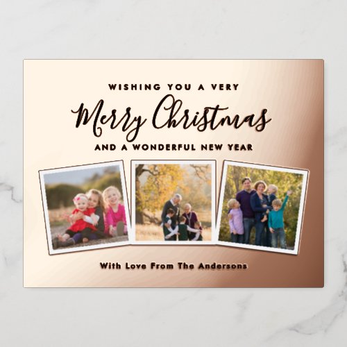 Elegant Custom 3 Photo Collage Merry Christmas Foil Holiday Postcard