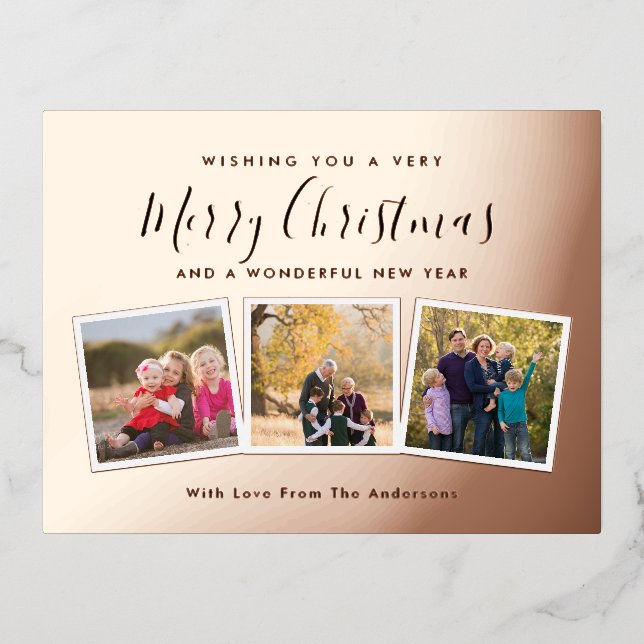 Elegant Custom 3 Photo Collage Merry Christmas Foil Holiday Postcard (Front)