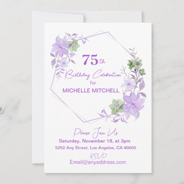 Elegant Custom 75th Birthday Lavender Floral       Invitation (Front)