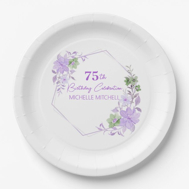 Elegant Custom 75th Birthday Lavender Floral       Paper Plates (Front)