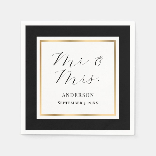 Elegant Custom Black and Gold Wedding Napkins (Front)