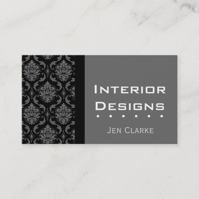Elegant Custom Black and Grey Damask Business Card (Front)