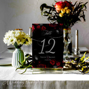 Elegant Custom Black and Red Floral Gothic Wedding Table Number