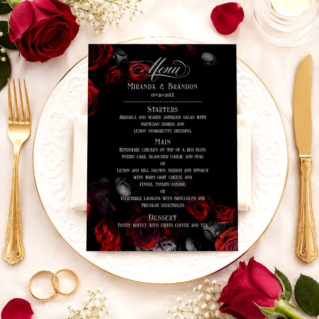 Elegant Custom Black and Red Floral Wedding Menu (Creator Uploaded)