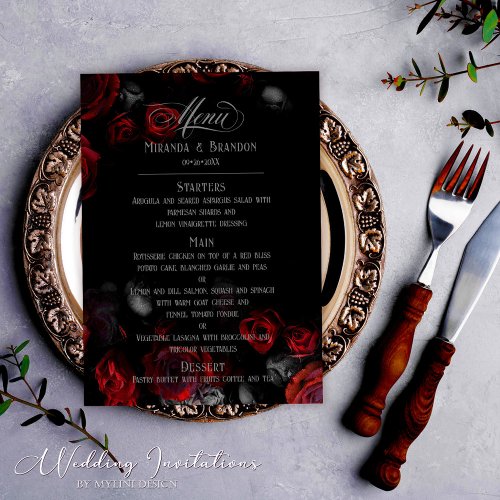 Elegant Custom Black and Red Floral Wedding Menu