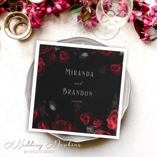 Elegant Custom Black and Red Floral Wedding Napkins (Creator Uploaded)
