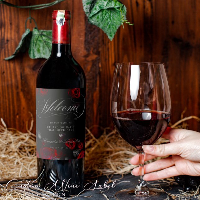 Elegant Custom Black and Red Floral Wedding Wine Label (Creator Uploaded)