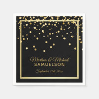 Elegant Custom Black Gold Confetti Wedding Paper Napkin