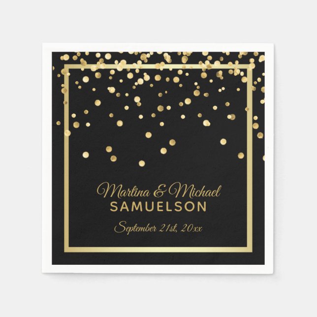 Elegant Custom Black Gold Confetti Wedding Paper Napkins (Front)