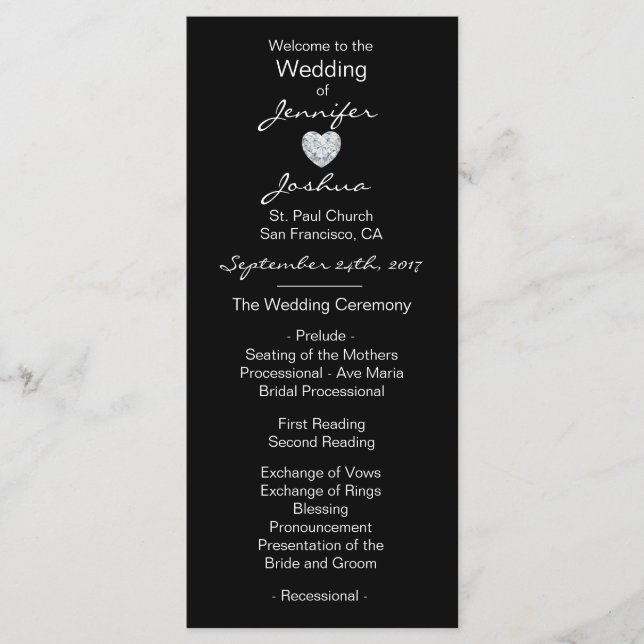 Elegant Custom Black Heart Wedding Programs (Front)