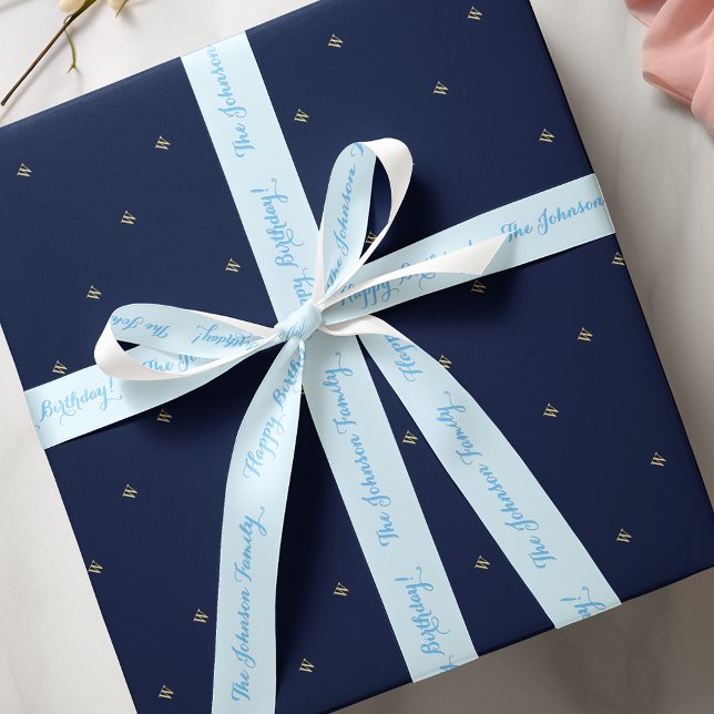 Elegant Custom Blue Name Happy Birthday Gift Wrap Satin Ribbon (Elegant Custom Blue Name Happy Birthday Gift Wrap Satin Ribbon)