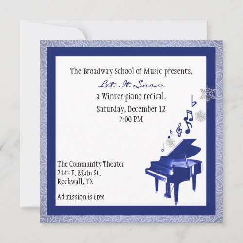 Elegant Custom Blue Piano Recital Invitation