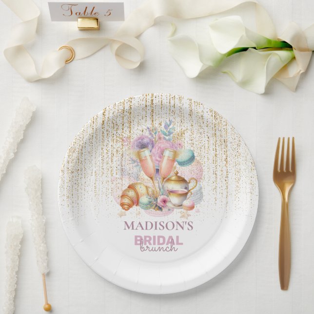 Elegant Custom Bridal Brunch Pink & Gold glitter Paper Plates (Wedding)
