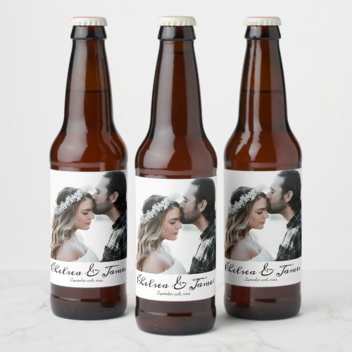 Elegant Custom Calligraphy Photo Wedding Beer Bottle Label