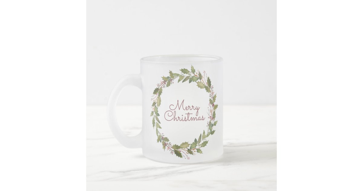 Elegant Custom Christmas Wreath Vintage Script Frosted Glass Coffee Mug Zazzle Com