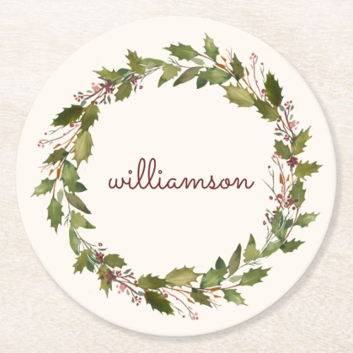 Elegant Custom Christmas Wreath Vintage Script Round Paper Coaster