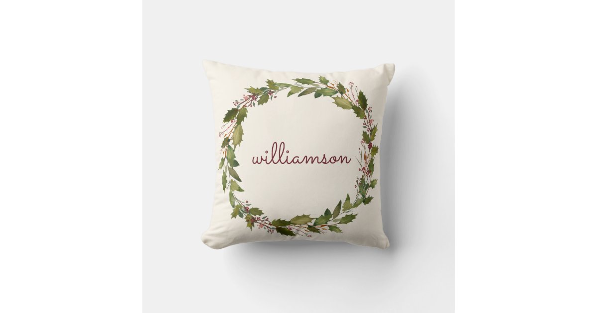 Elegant Custom Christmas Wreath Vintage Script Throw Pillow | Zazzle