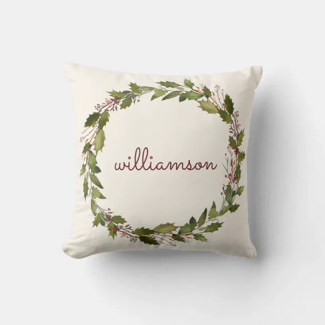 Elegant Custom Christmas Wreath Vintage Script Throw Pillow | Zazzle