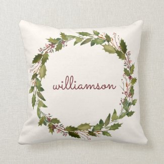Elegant Custom Christmas Wreath Vintage Script Throw Pillow