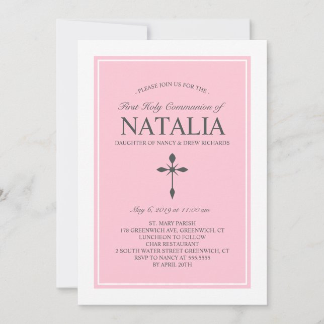 Elegant Custom Color Communion Invitation Pink (Front)