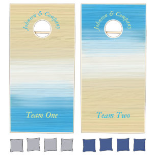 Elegant Custom Corporate Watercolor Beach Blue Cornhole Set