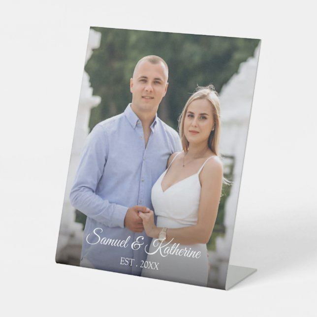 Elegant Custom Couple Photo Script Name Valentine Pedestal Sign (Front)