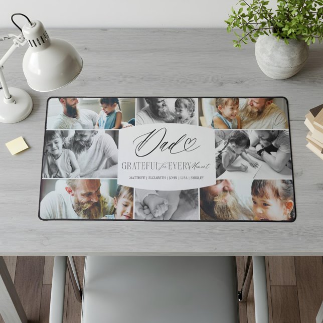 Elegant Custom Dad Photo Collage Father Keepsake Desk Mat (Dad Grateful for Every Moment Photo Collage Desk Mat)