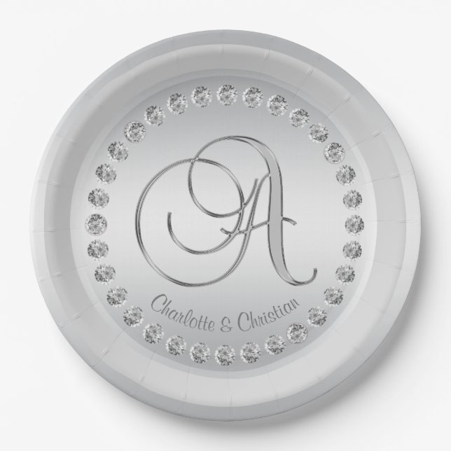 Elegant Custom Diamond Silver Monogram Wedding Paper Plates (Front)