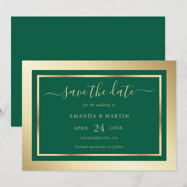 Elegant Custom Emerald Green and Gold Wedding Save The Date (Front/Back)