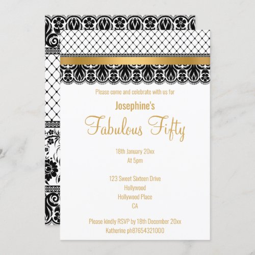 ELEGANT CUSTOM FABULOUS AT 50 BLACK LACE INVITATION