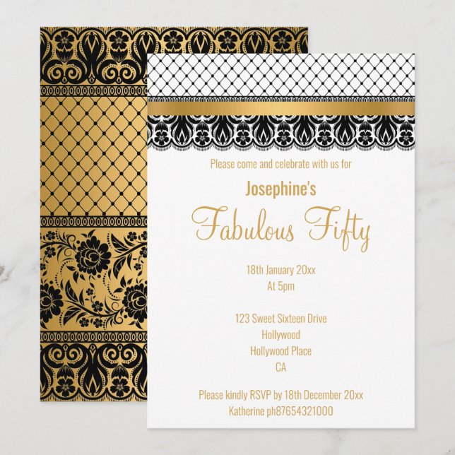 ELEGANT CUSTOM FABULOUS AT 50 GOLD LACE INVITATION (Front/Back)