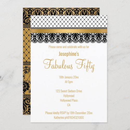 ELEGANT CUSTOM FABULOUS AT 50 GOLD LACE INVITATION