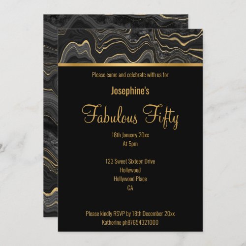 ELEGANT CUSTOM FABULOUS AT 50 MARBLE BLACK INVITATION