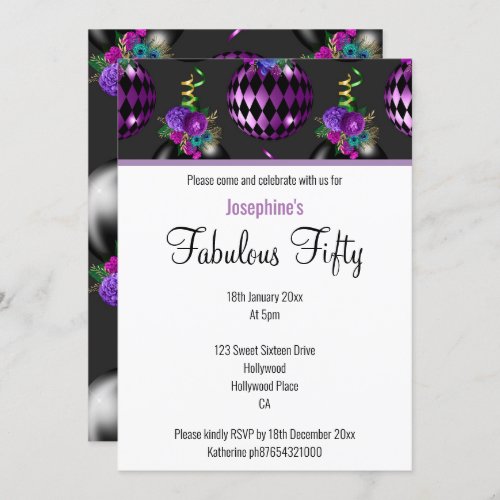 ELEGANT CUSTOM FABULOUS AT 50 PURPLE BALLOON INVITATION