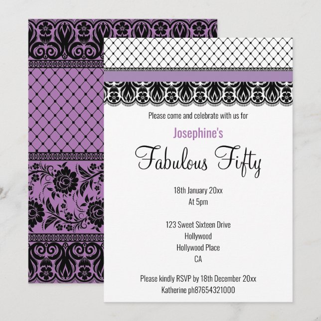 ELEGANT CUSTOM FABULOUS AT 50 PURPLE LACE  INVITATION (Front/Back)