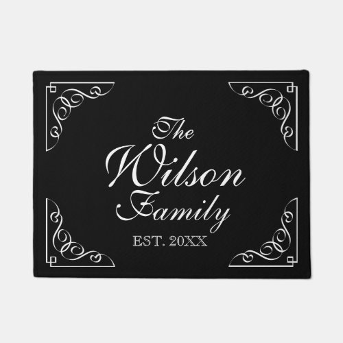 Elegant custom family name black and white welcome doormat
