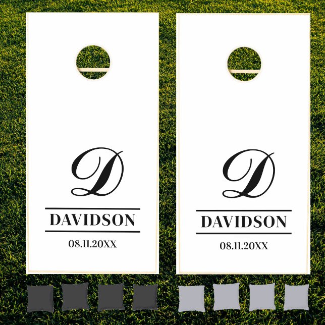 Elegant Custom Family Name Monogram Black &White Cornhole Set (Creator Uploaded)