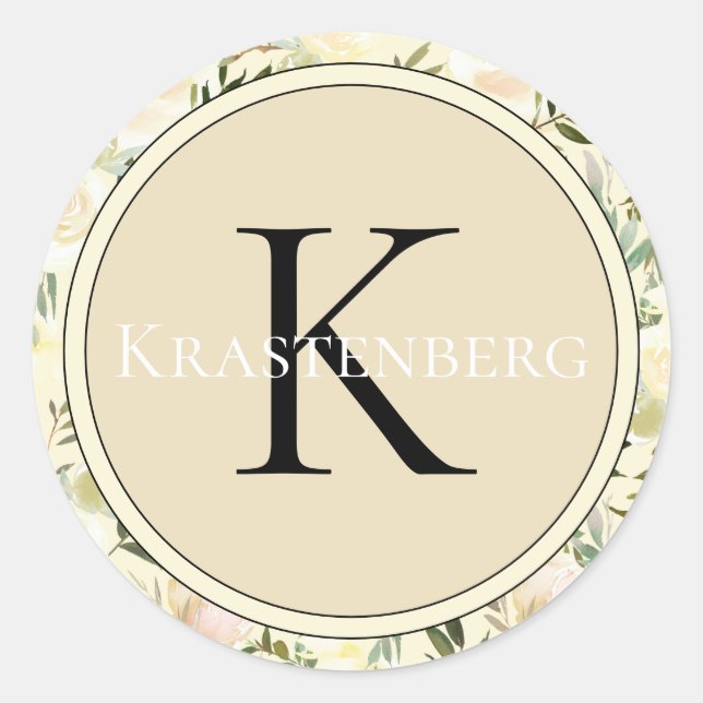 Elegant Custom Family Name Monogram Cream Roses Classic Round Sticker (Front)