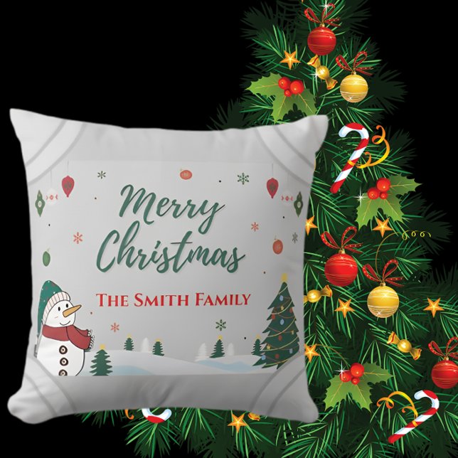 Elegant Custom Family Name & Snowman Christmas Throw Pillow (Creator Uploaded)