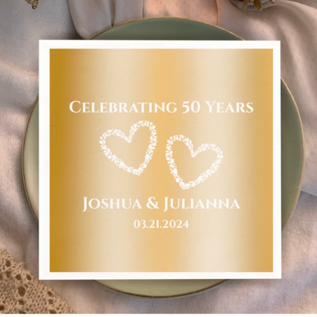 Elegant Custom Faux Gold 50th Wedding Anniversary Napkins (Custom text faux gold gradient 50th wedding anniversary party .napkins, stylish hearts personalized
)