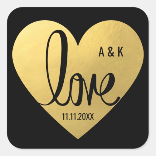 Elegant Custom Faux Gold Foil LOVE Black Wedding Square Sticker