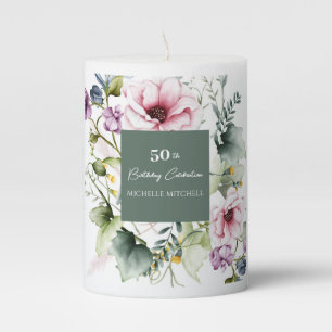 Elegant Custom Floral 50th Birthday Pillar Candle
