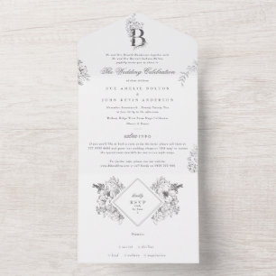 Elegant Custom Floral Monogram Organic Botanical All In One Invitation