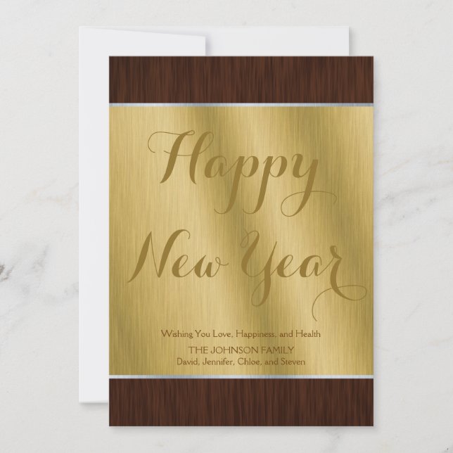 Elegant Custom Gold and Dark Wood New Year Card (Front)