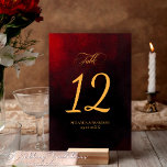 Elegant Custom Gold Black and Red Wedding Table Number<br><div class="desc">Illuminate your wedding venue with a taste of dark romance and vintage charm with our Elegant Custom Wedding Table Numbers. Crafted with intricate gold script on a striking black backdrop, each table number is accentuated by an underlay of vibrant dark red hue. Perfect for a fall wedding, the striking contrast...</div>