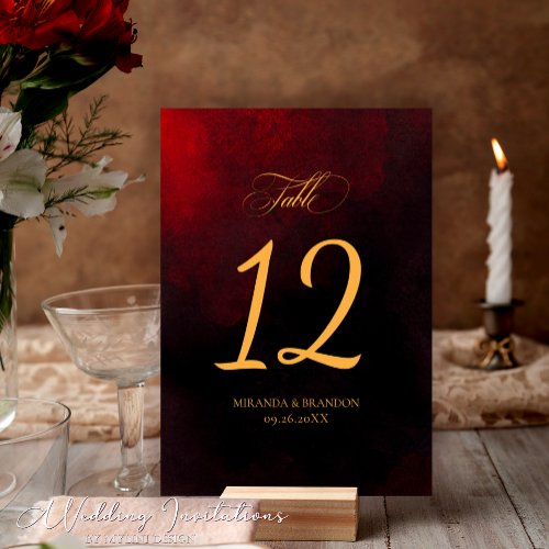 Elegant Custom Gold Black and Red Wedding Table Number